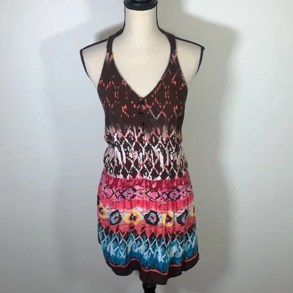 Bohemian Colorful V-Neck Mini Dress Crochet Lace Back Faux Buttons Boho Print - Picture 12 of 12